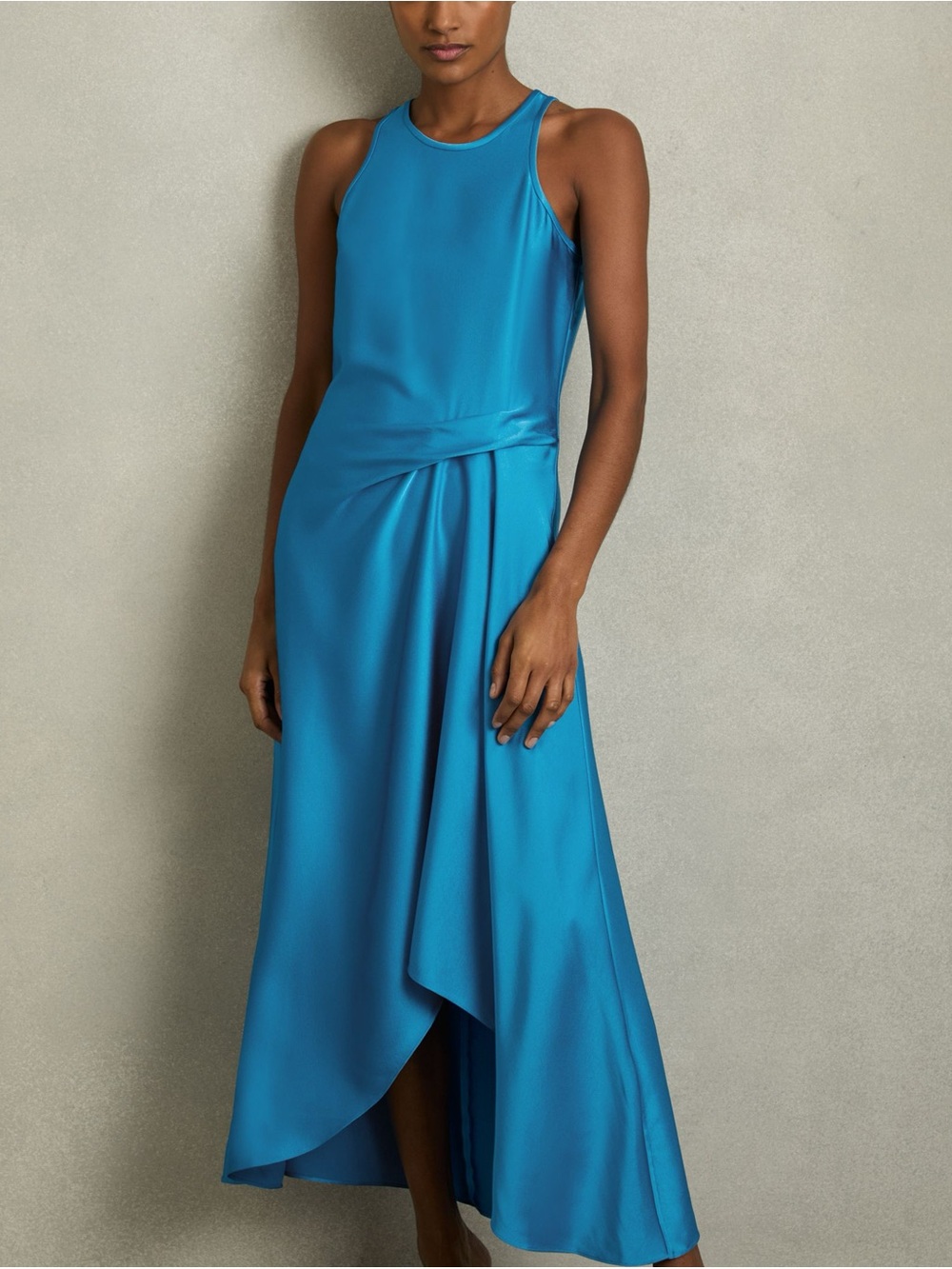 REISS Micah Satin Drape Tuck Midi Dress in Blue. Size 0 Women #498